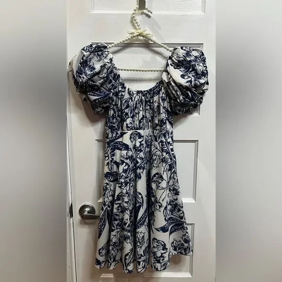 Abercrombie & Fitch The Emerson Poplin Puff Sleeve  Dress Blue White XS - Picture 3 of 8